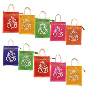 Prakriti Maitri  Ganesha   Print Return Gift Jute Bag - Colorful 8X10X4" With Zipper Pooja Gifts